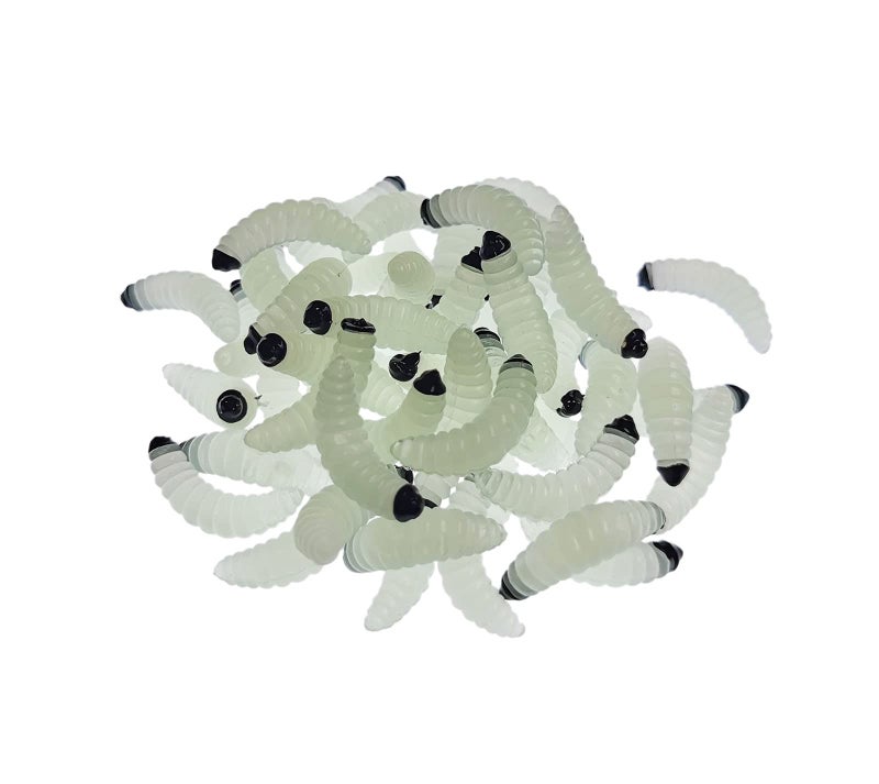 50pcs-1Inch Bass Fishing Worms Lures,Silicone Soft Maggot Baits Bread Worm Fishing Lure,5 Color (Luminous)